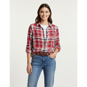 LRL Ralph Lauren Red Navy Blue Linen Plaid Shirt Roll Tab Sleeves Pockets L